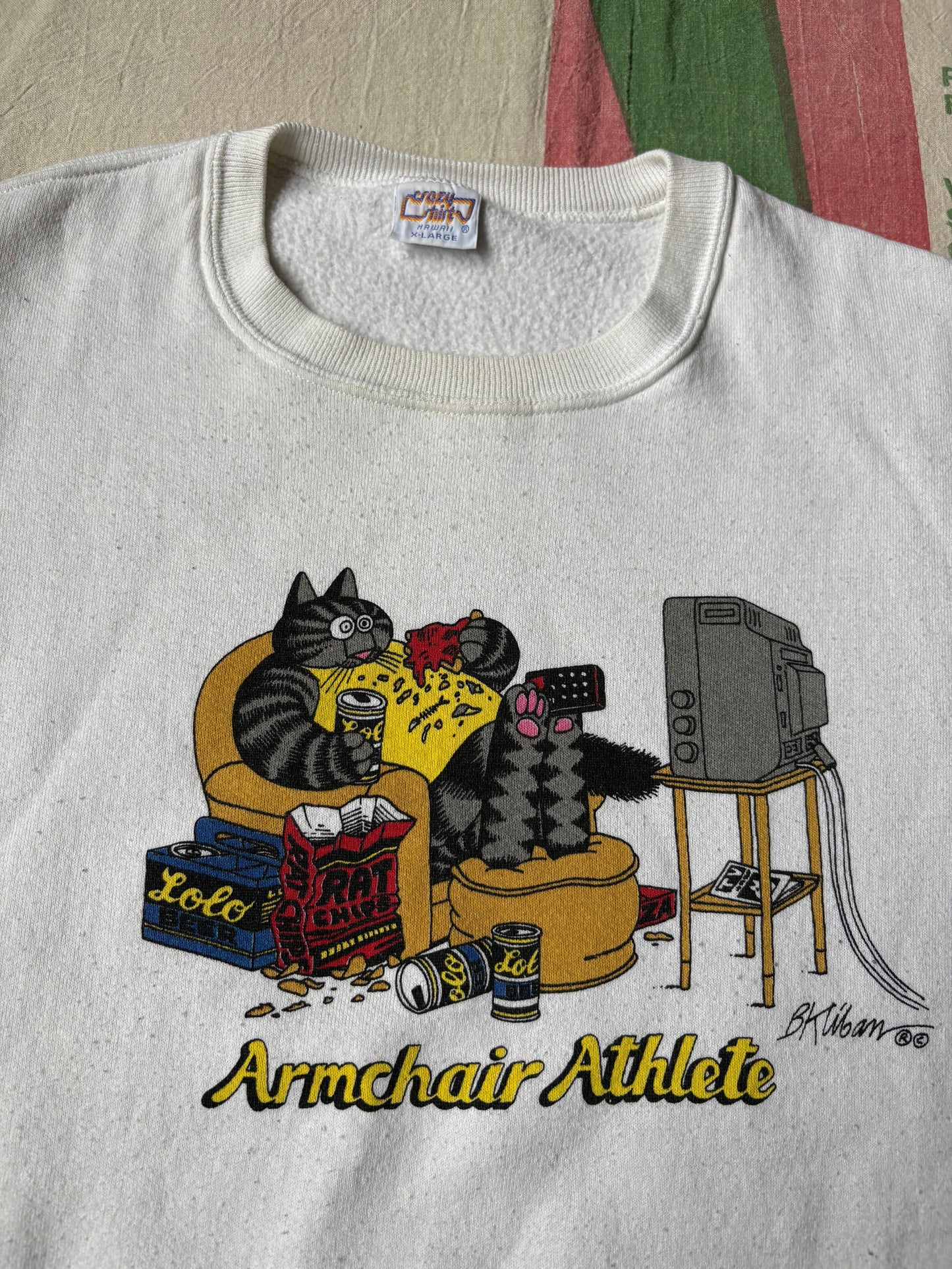 Vintage 80’s BKliban Cat Armchair Athlete Sweatshirt size M/L Boxy Crazy Shirts