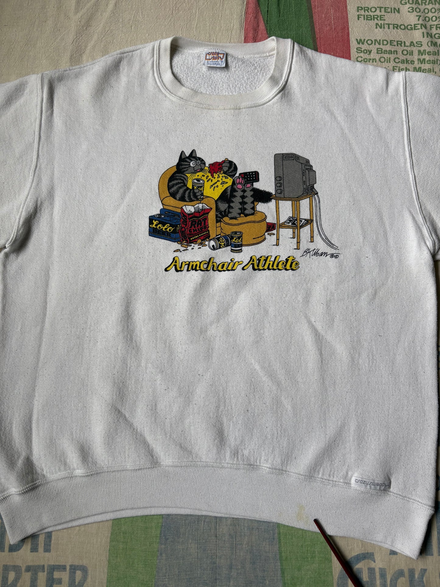 Vintage 80’s BKliban Cat Armchair Athlete Sweatshirt size M/L Boxy Crazy Shirts