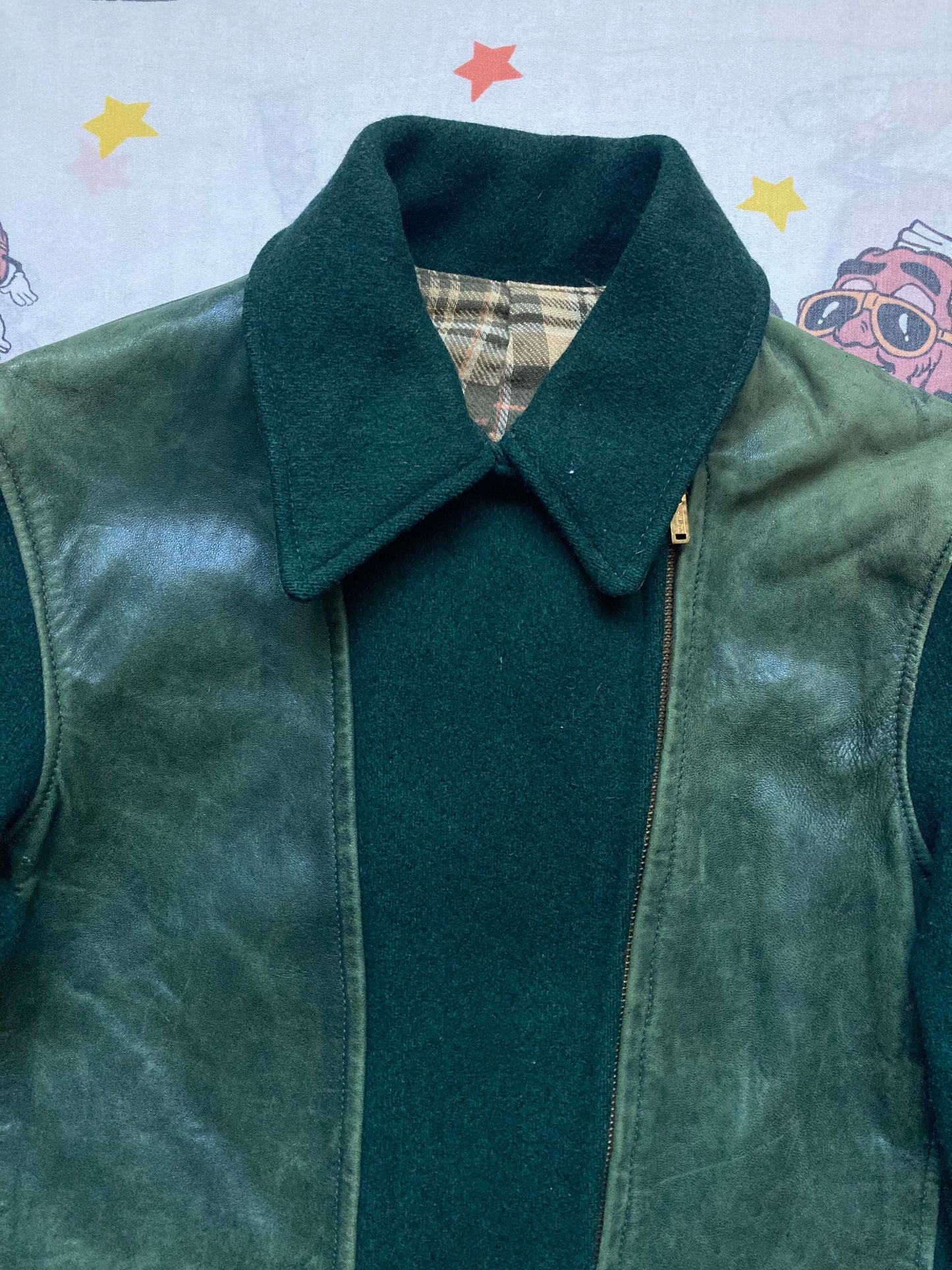 Vintage 30’s Green Wool Lambskin Diagonal Zip Jacket size S/M Talon Art Deco