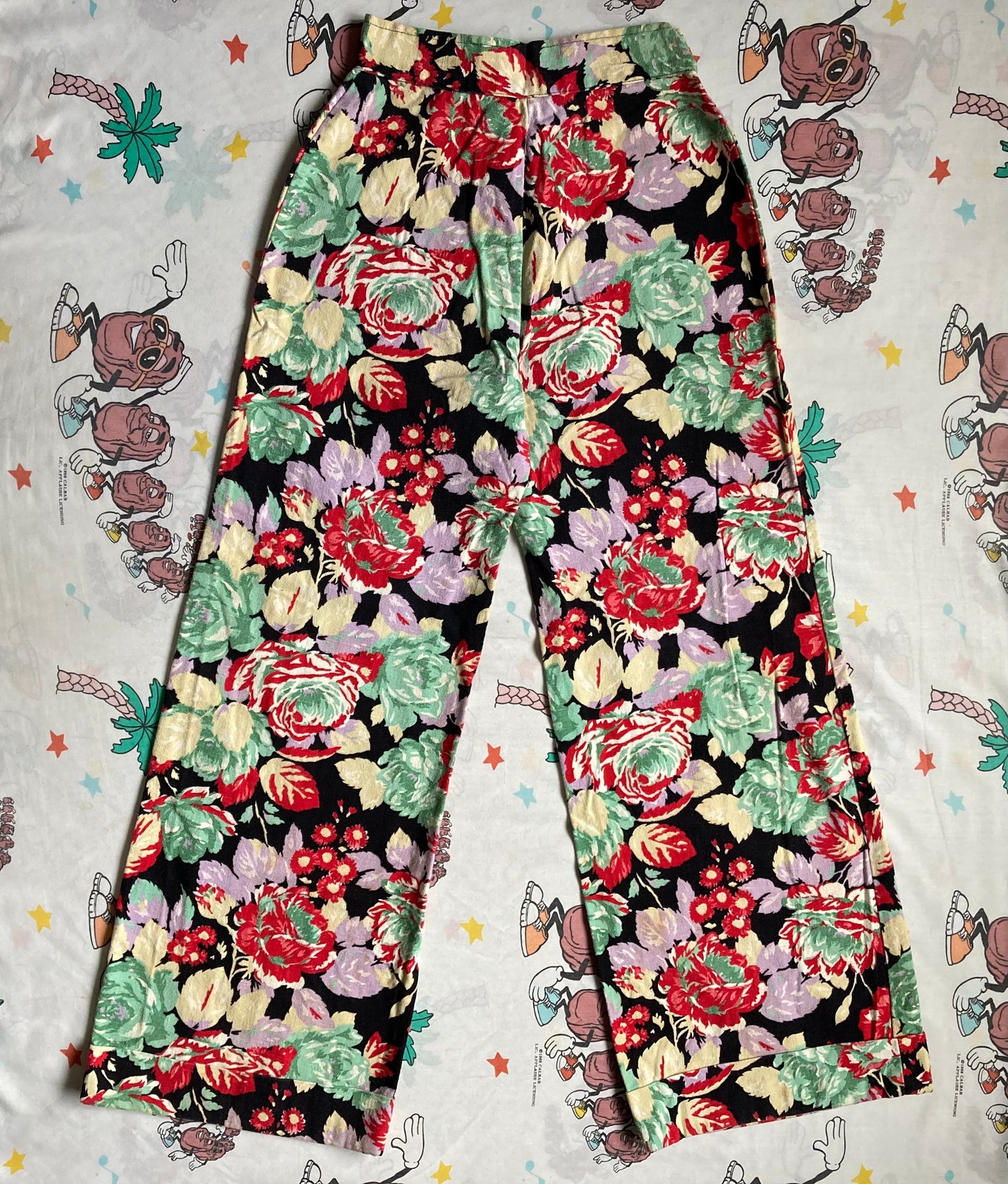 Vintage 70’s Floral Print Wide Leg Cotton Trousers 25x31 High Waist