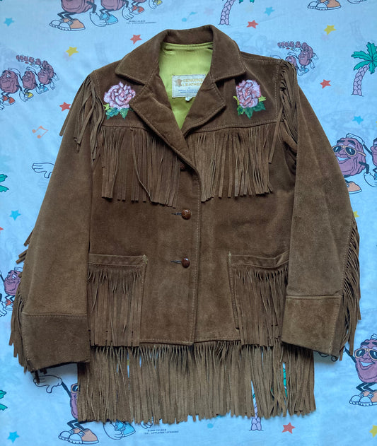 Vintage 60’s Berman Buckskin Suede Fringe Jacket size Small Hand Painted