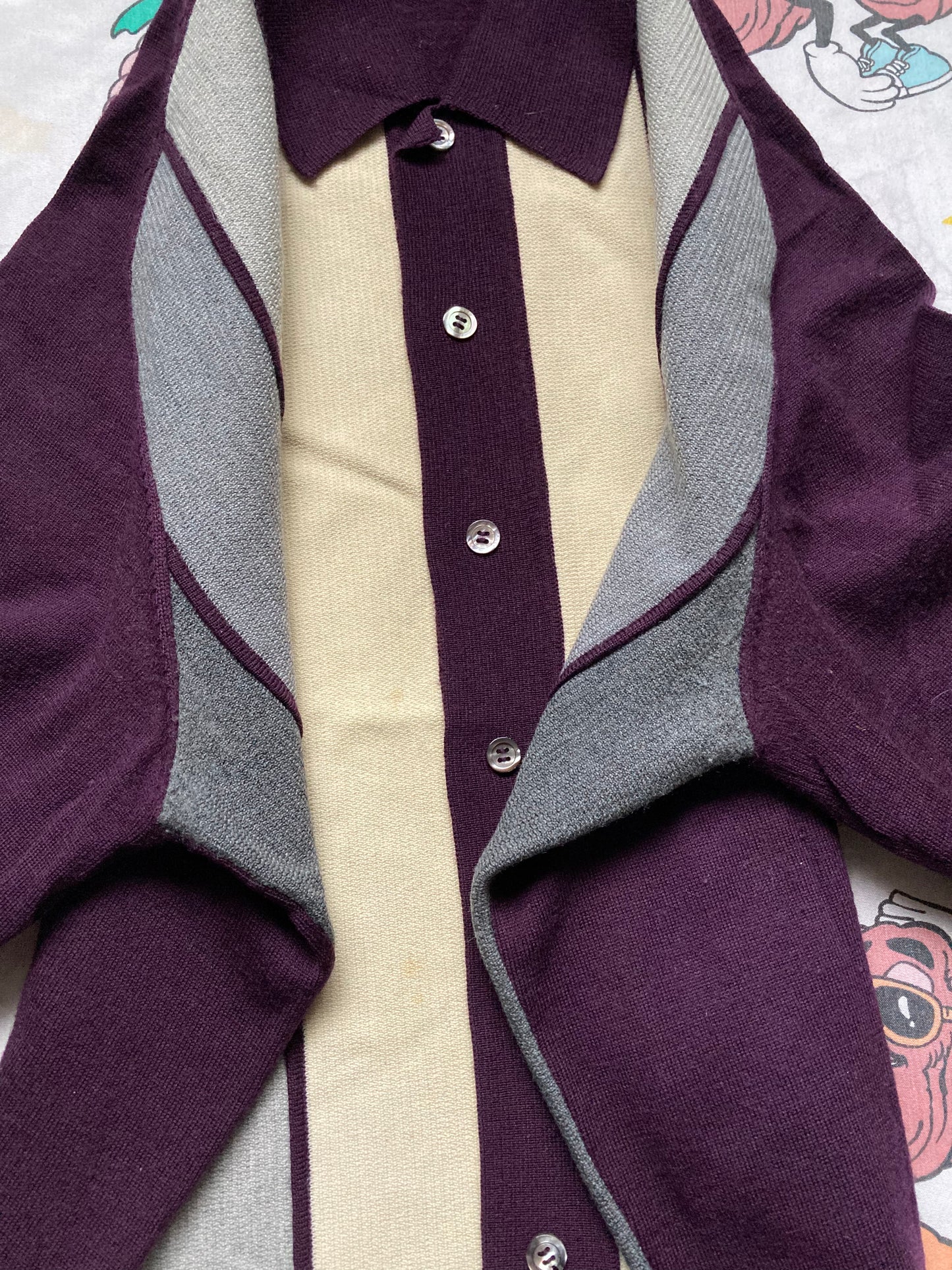 Vintage 60’s Italian Wool Dark Purple Striped Button Up Sweater size Medium Classy Mod