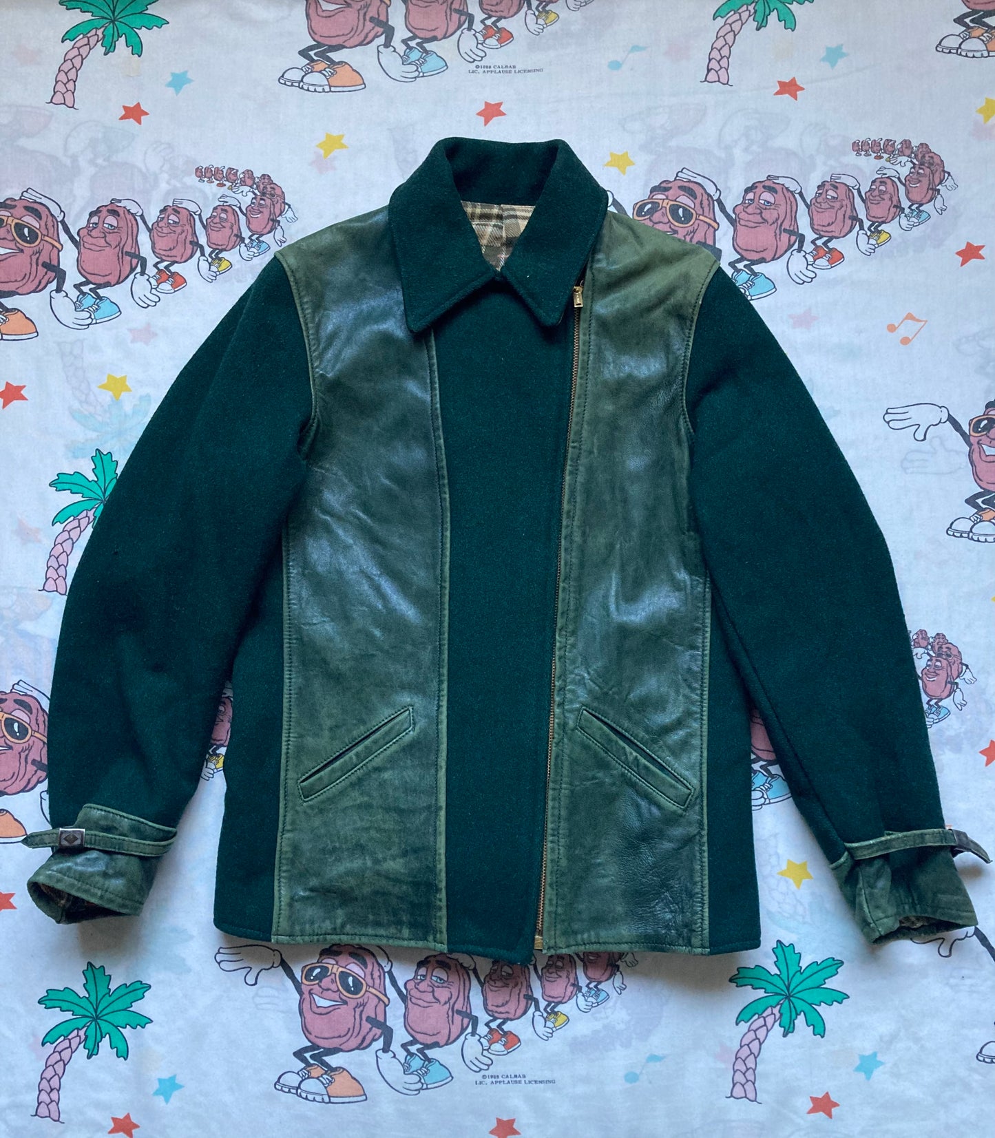 Vintage 30’s Green Wool Lambskin Diagonal Zip Jacket size S/M Talon Art Deco