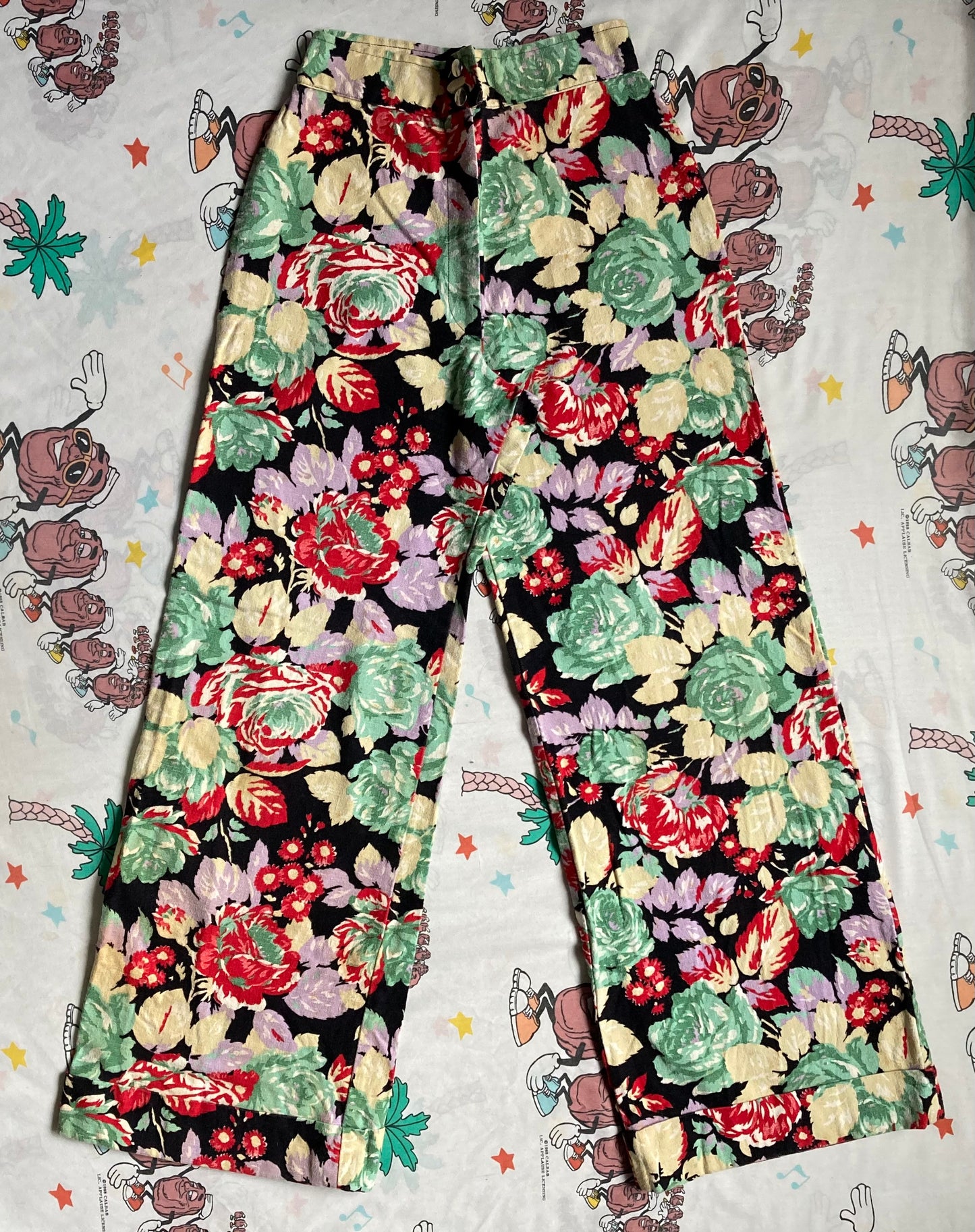 Vintage 70’s Floral Print Wide Leg Cotton Trousers 25x31 High Waist