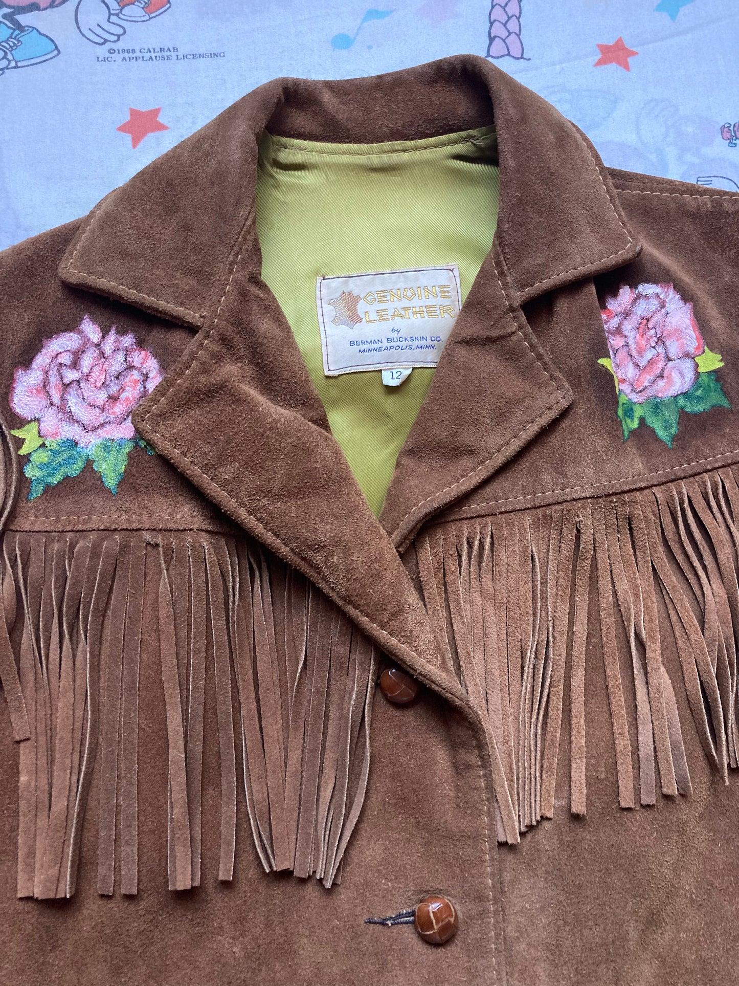 Vintage 60’s Berman Buckskin Suede Fringe Jacket size Small Hand Painted