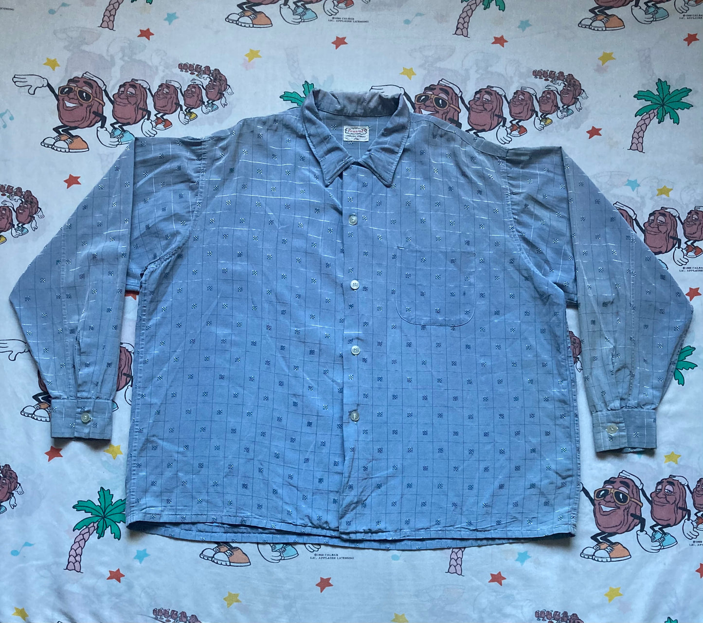 Vintage 50’s Truval Shimmery Light Blue Rayon Loop Collar Shirt size XL Big Size