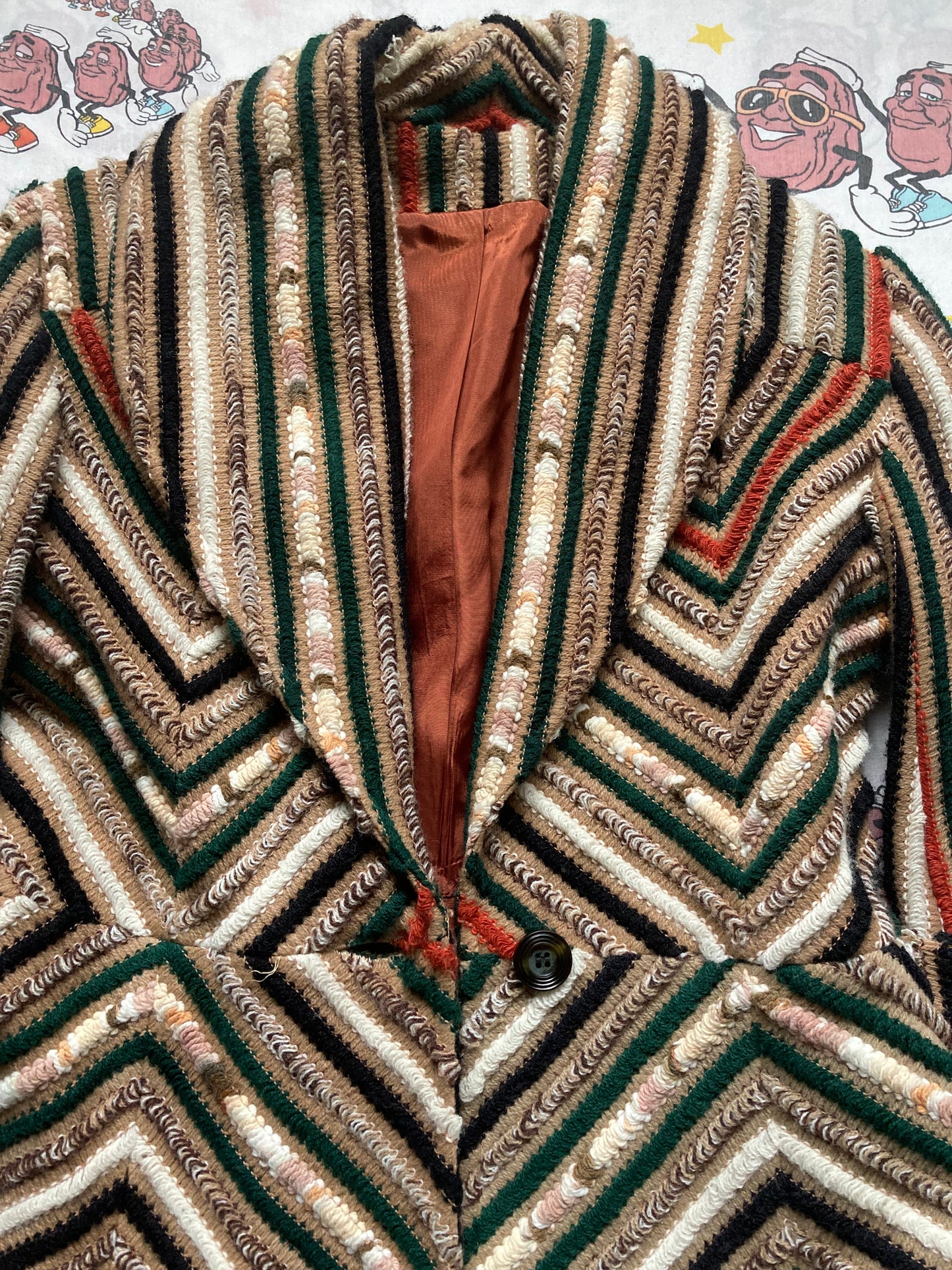 Vintage 70’s Textured Zig Zag Pattern Belted One Button Jacket size Small Earth Tones