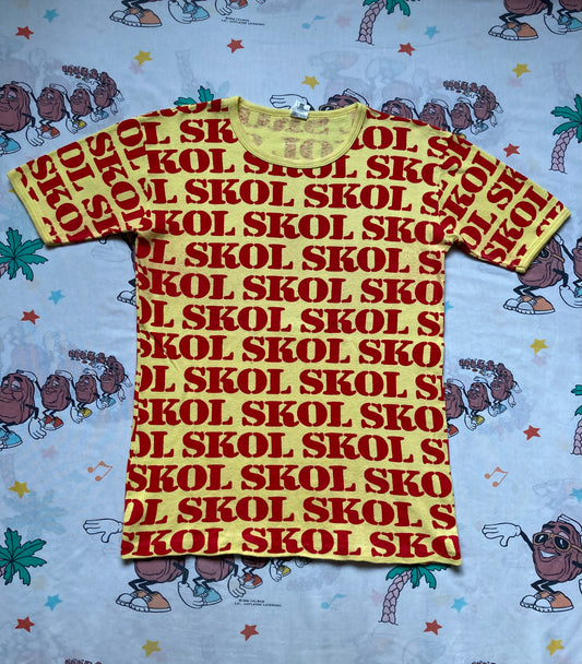 Vintage 70’s Skol Vodka Novelty Print Ringer T shirt size Small All Over Print