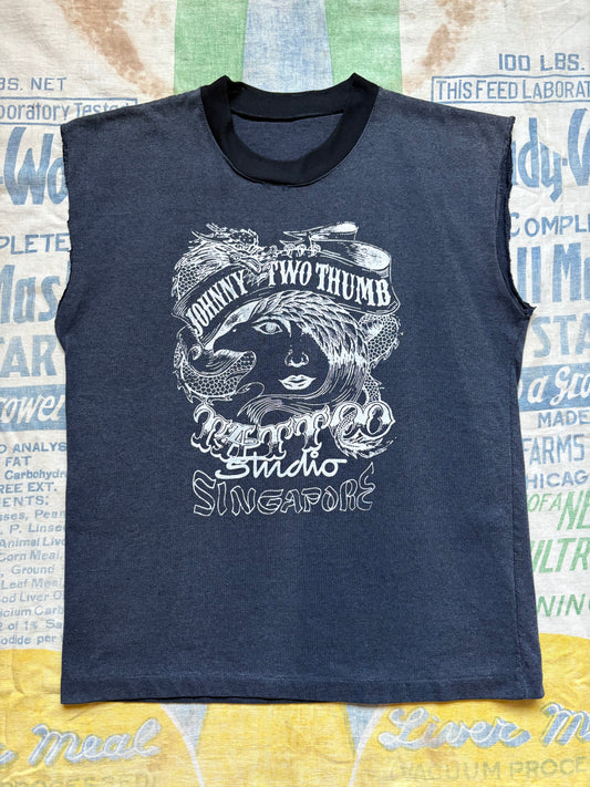 Vintage 80’s Johnny Two Thumbs Singapore Tattoo Chopped T shirt size Medium
