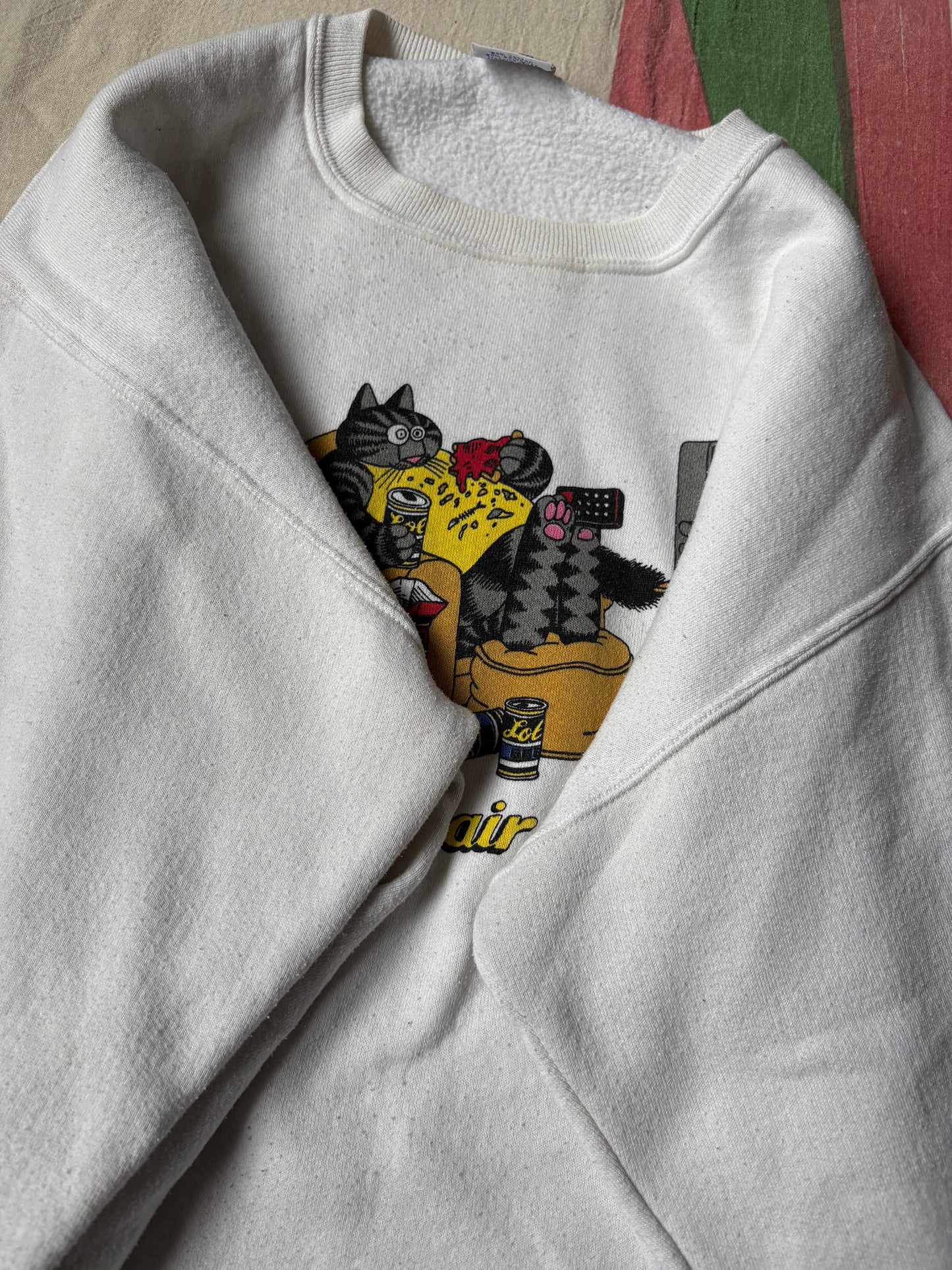 Vintage 80’s BKliban Cat Armchair Athlete Sweatshirt size M/L Boxy Crazy Shirts
