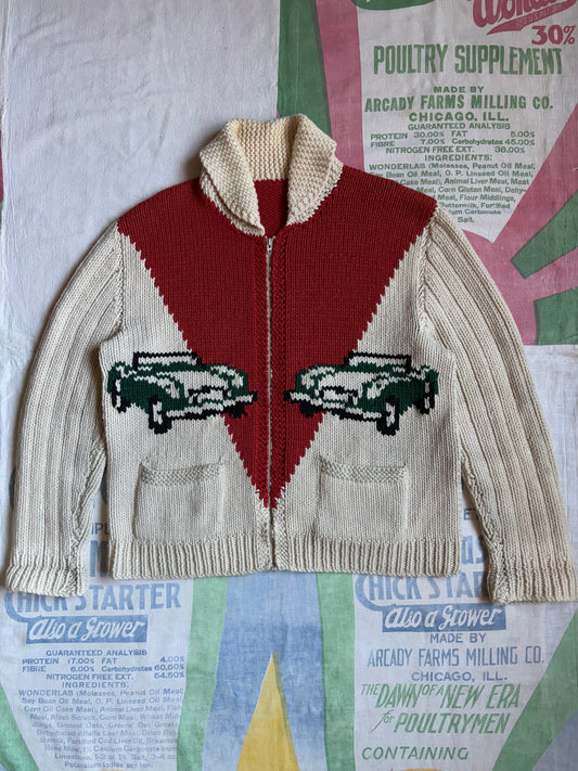Vintage 50’s/60’s Race Car Cowichan Sweater XL Shawl Collar Cable Knit